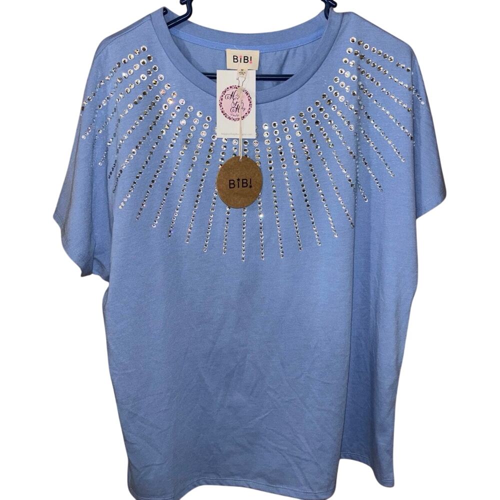 Bibi women’s boutique blue rhinestone bling t-shirt blouse NWT (medium)